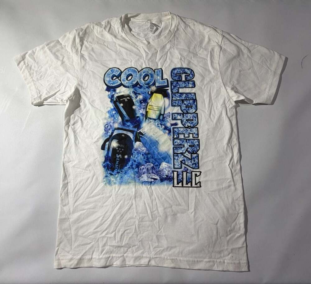 Mens M White Cool Clipperz LLC Barber Graphic T-Shirt